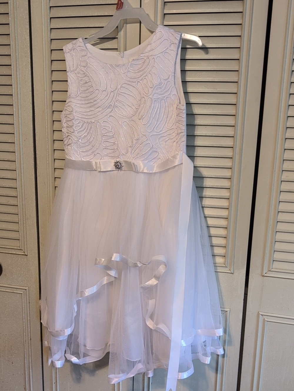 White Girls' Formal Tulle Dress with Satin Trim